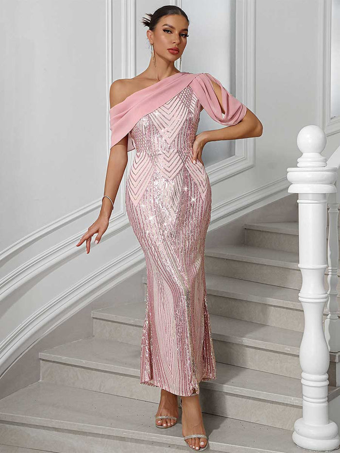 One-Shoulder Chiffon Patchwork Sequin Maxi Party Gown