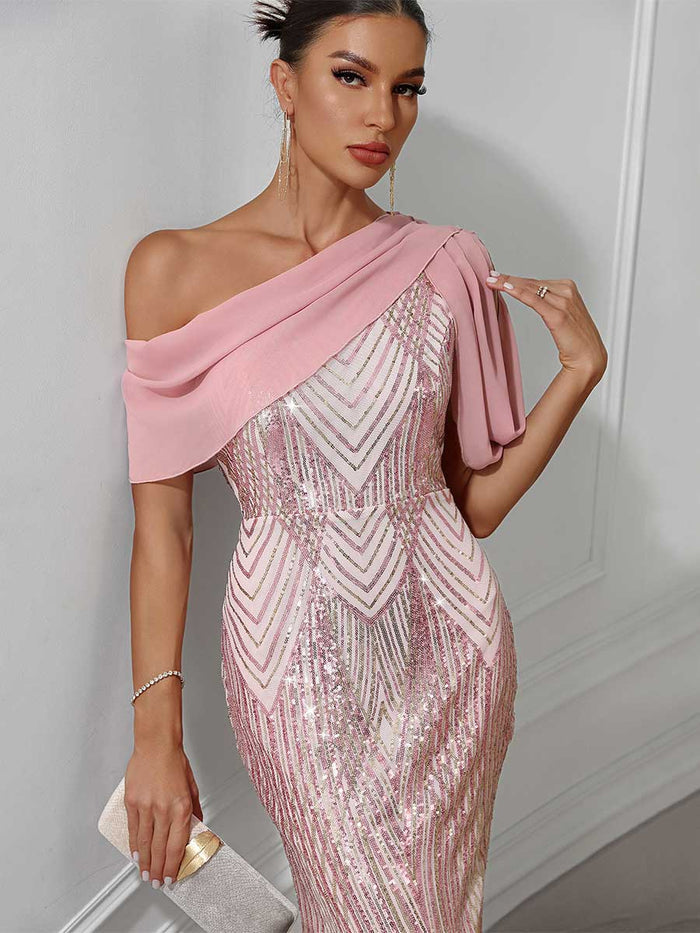 One-Shoulder Chiffon Patchwork Sequin Maxi Party Gown