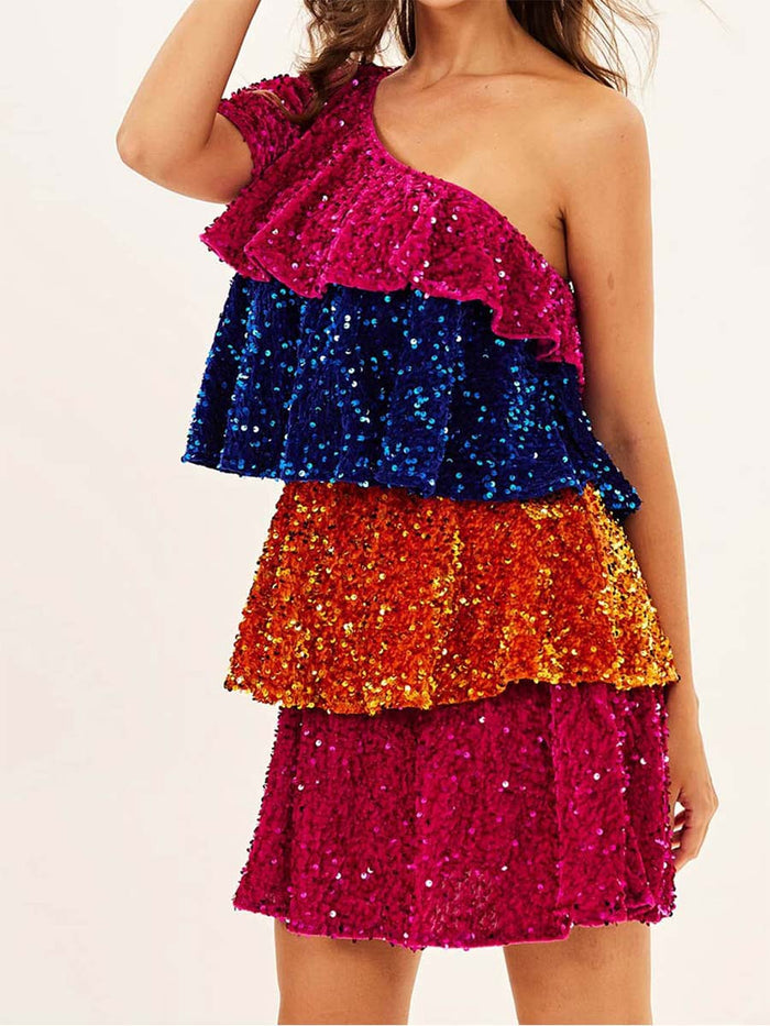 One-Shoulder Colorful Sequin Patchwork Tiered Dress
