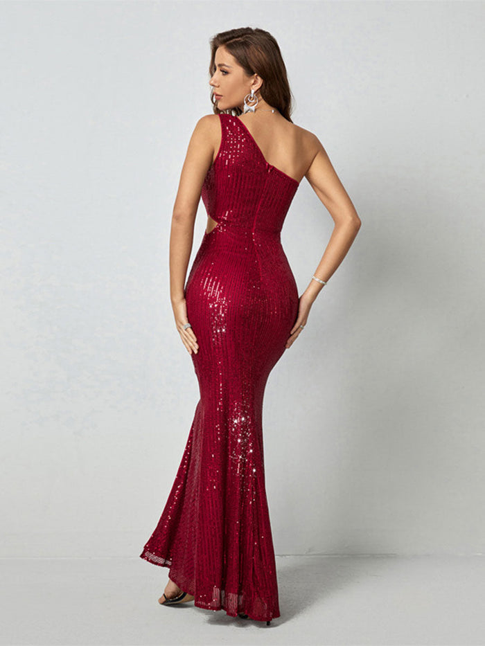 One-Shoulder Sequin Cutout Mermaid Evening Gown