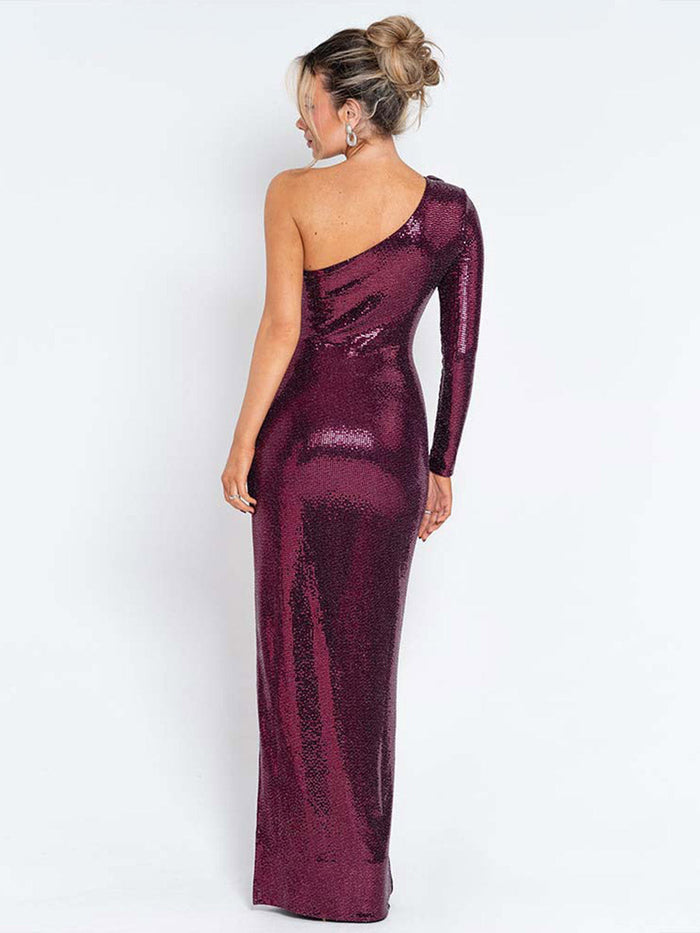 One-Shoulder Slim-Fit Sequin Evening Gown
