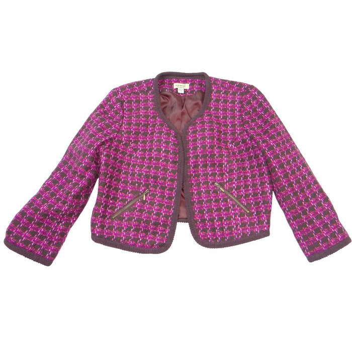 One World Womens Purple Brown Houndstooth Cropped Open Front Jacket Large 19880