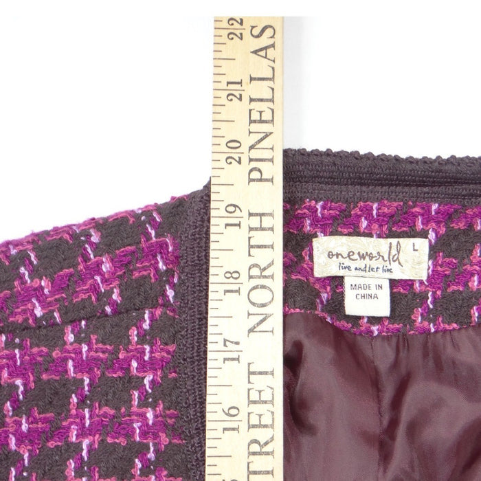 One World Womens Purple Brown Houndstooth Cropped Open Front Jacket Large 19885
