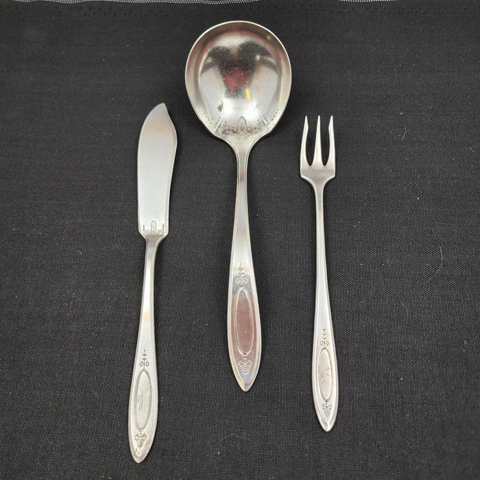 Oneida Adam Silverplate Set of Butter Knife, Ladle & Pickle Fork with W Monogram