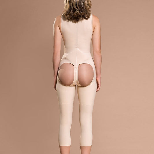 Marena Recovery style FBOM calf-length open-buttock compression girdle, back view in beige showing sacral pad and open buttock.
