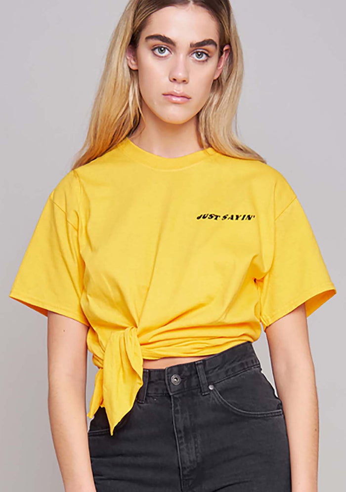 The Ragged Priest Opinions T-Shirt in yellow with cropped fit and side tie detail on rave tee — front view