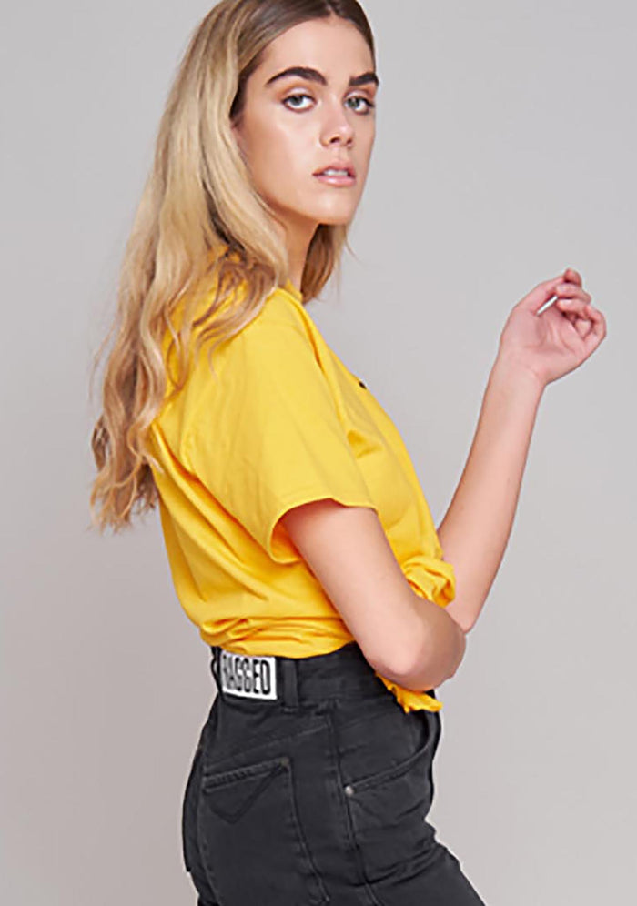 The Ragged Priest Opinions T-Shirt in yellow — side view