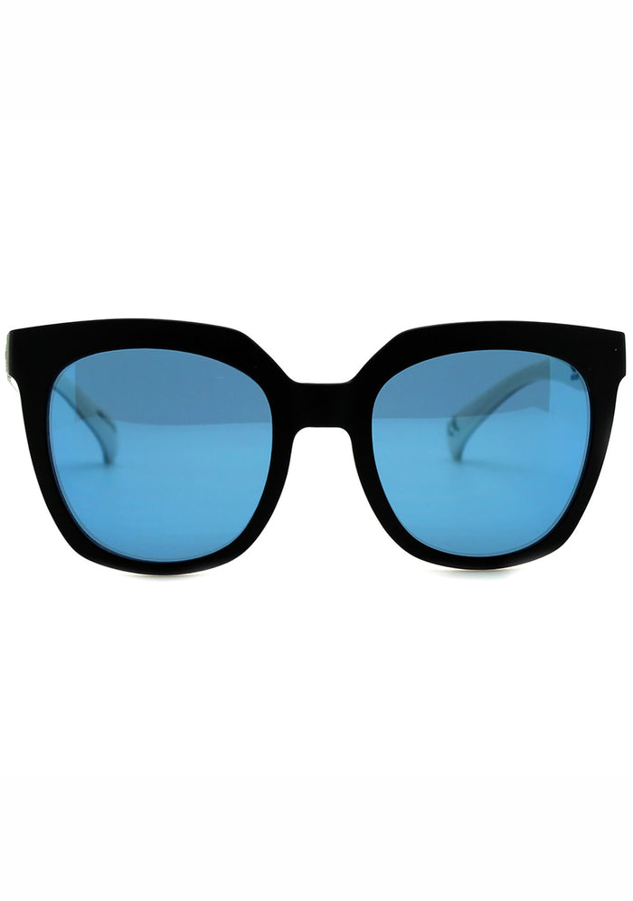 Adidas Originals Oversized Mirror Cat Eye Sunglasses in black blue with matte black oversized frame and blue mirror lens — front view