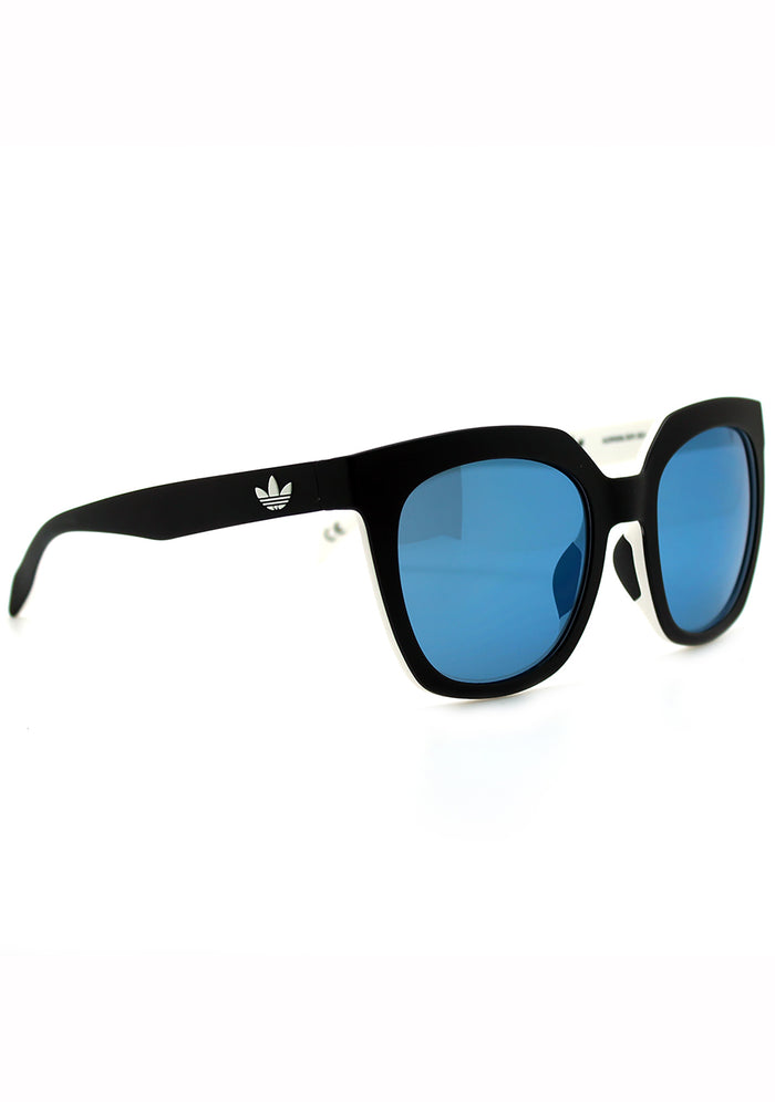 Adidas Originals Oversized Mirror Cat Eye Sunglasses in black blue with matte black oversized frame and blue mirror lens — detail view