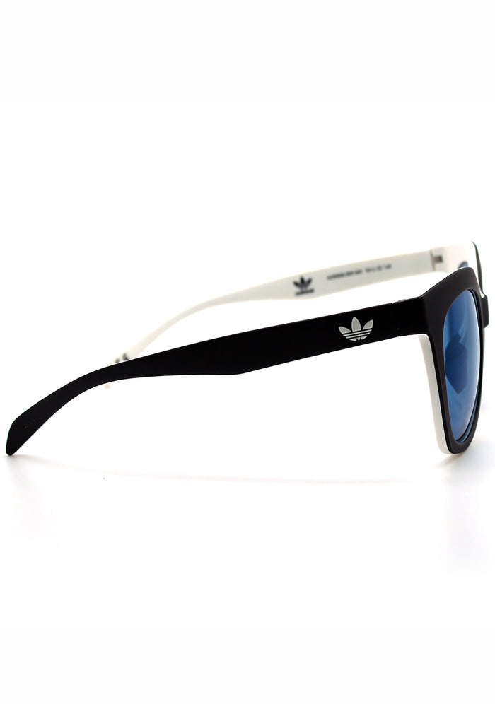 Adidas Originals Oversized Mirror Cat Eye Sunglasses in black blue with matte black oversized frame and blue mirror lens — side view