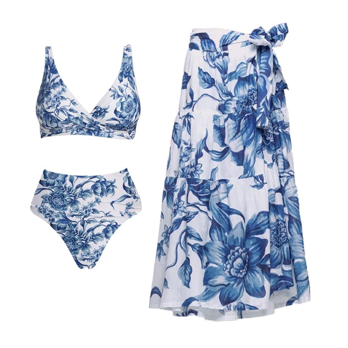 Pacific Bikini Wrap Skirt Set  - Blue