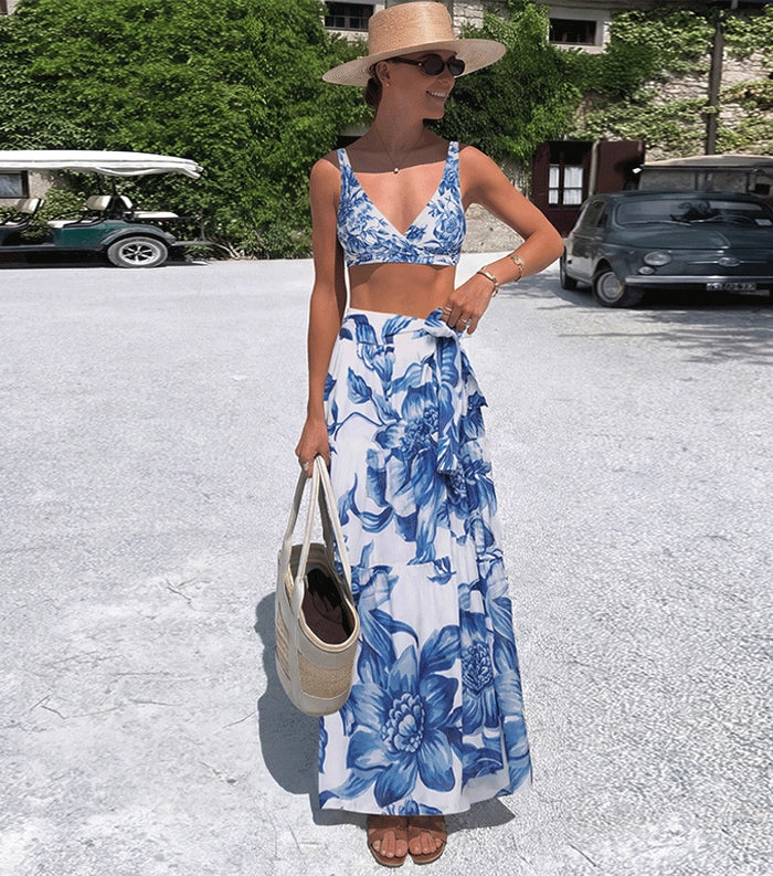 Pacific Bikini Wrap Skirt Set  - Blue