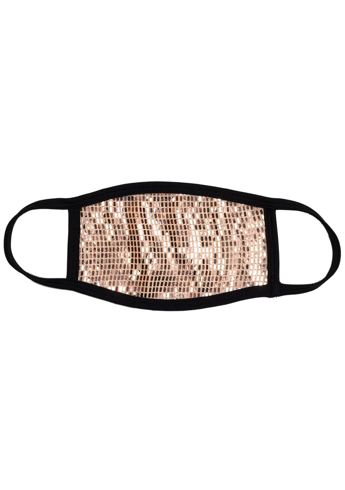 BGlittz Palm Springs Disco Dust Mask in metallic gold with all-over metallic gold plated detail on breathable nylon rave festival face mask — front view