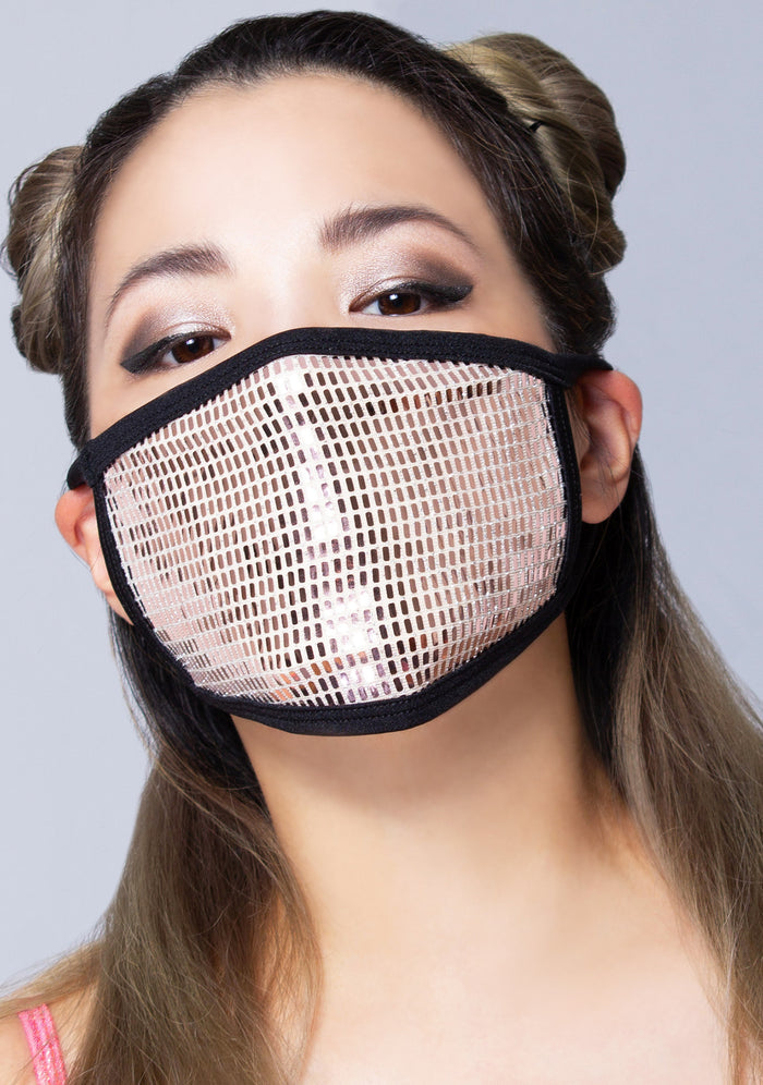 BGlittz Palm Springs Disco Dust Mask in metallic gold with all-over metallic gold plated detail on breathable nylon rave festival face mask — model view