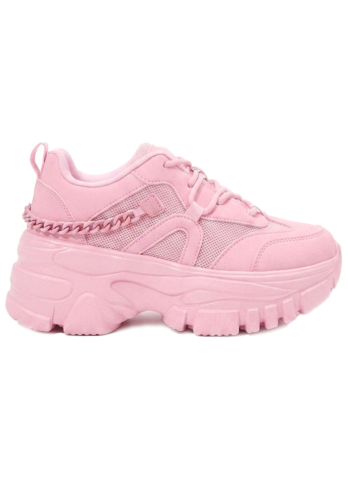 Berness Paola Kawaii Chaos Pink Platform Sneakers in pink with matching chain detail on chunky platform sneaker — side view