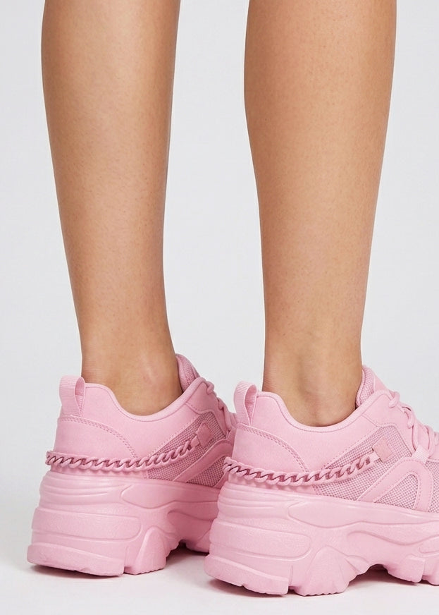 Berness Paola Kawaii Chaos Pink Platform Sneakers in pink with matching chain detail on chunky platform sneaker — back view, on foot