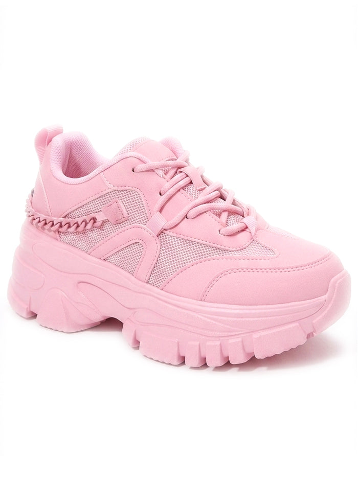 Berness Paola Kawaii Chaos Pink Platform Sneakers in pink with matching chain detail on chunky platform sneaker — front view