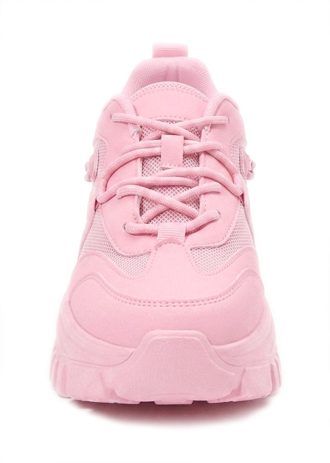 Berness Paola Kawaii Chaos Pink Platform Sneakers in pink with matching chain detail on chunky platform sneaker — 3/4 front view