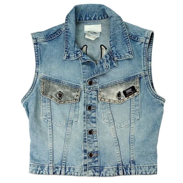 PARASUCO Womens M/M Blue Denim Eagle Patch Sleeveless Vest Jacket0