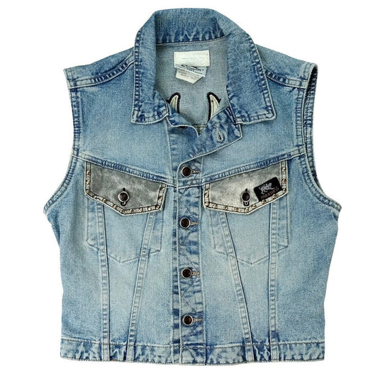 PARASUCO Womens M/M Blue Denim Eagle Patch Sleeveless Vest Jacket0