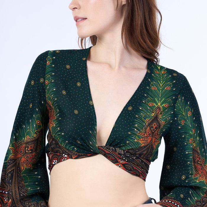 Peacock Women Boho Wrap Top - Casual Shirt - Green - Lannaclothesdesign Shop