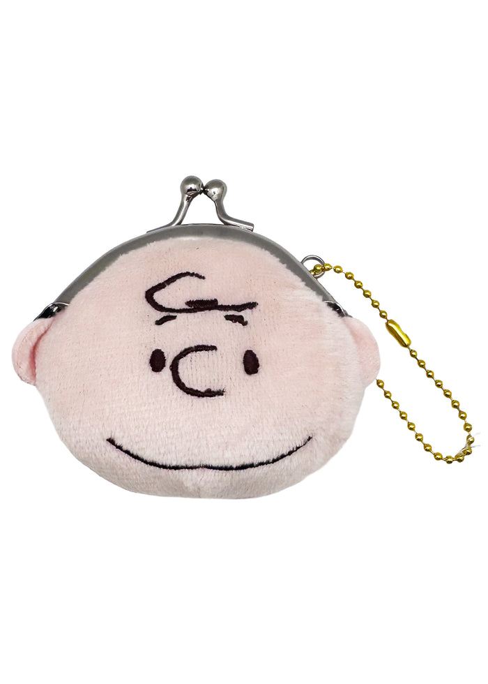 Peanuts Charlie Brown Face Plush Coin Bag in nude with Charlie Brown face embroidered on soft plush kawaii coin bag with twist clasp — front view