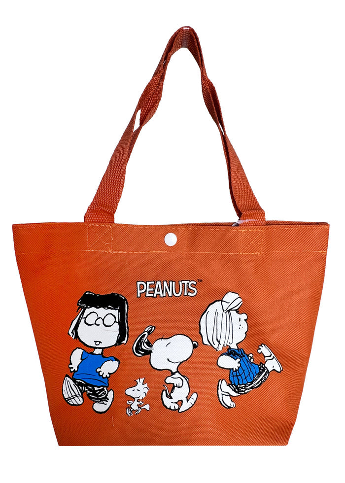 Peanuts Snoopy and Friends Canvas Orange Lunch Tote in orange with Snoopy and friends graphic on durable canvas lunch tote bag — front view
