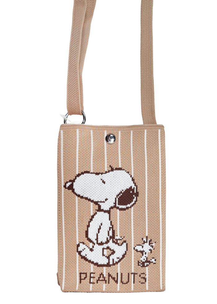 Peanuts Snoopy and Friends Knitted Brown Crossbody in brown with Snoopy and friends jacquard knit design on acrylic crossbody bag — front view