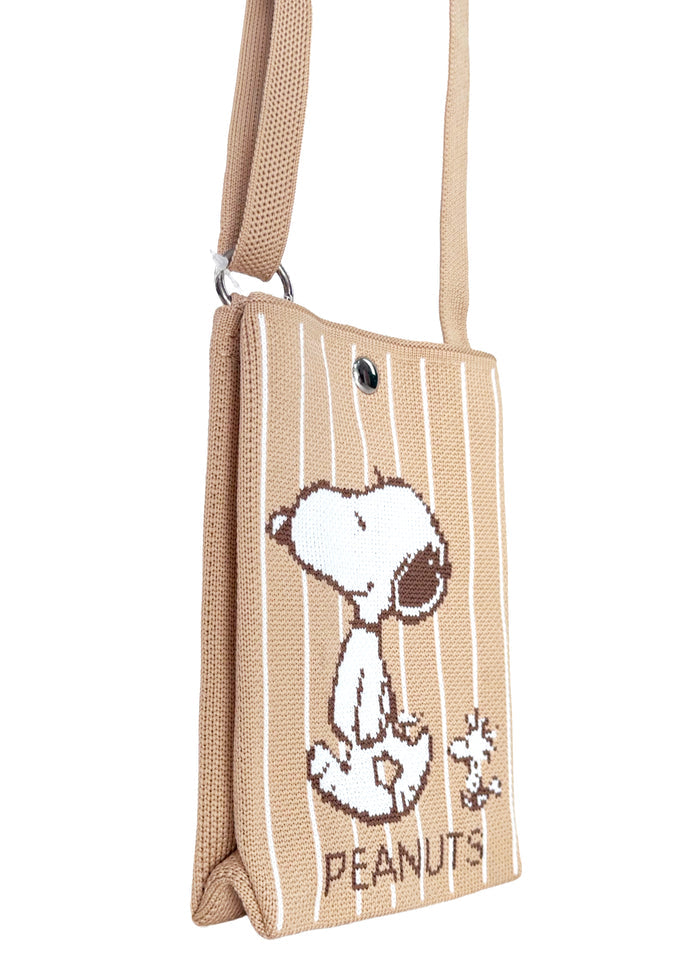 Peanuts Snoopy and Friends Knitted Brown Crossbody in brown with Snoopy and friends jacquard knit design on acrylic crossbody bag — side view
