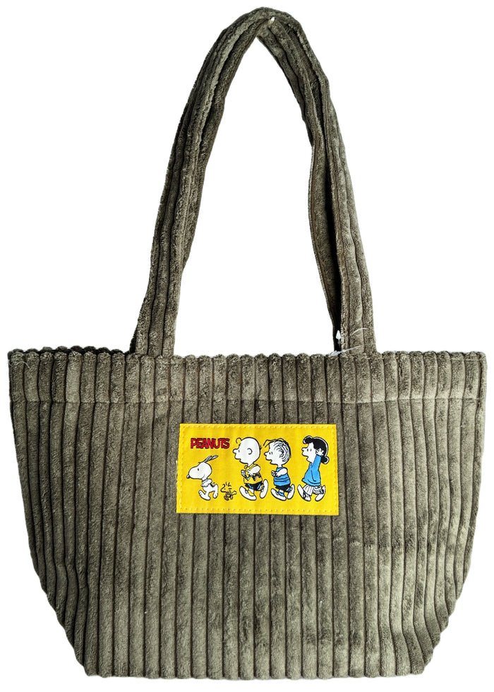 Peanuts Snoopy and the Gang Corduroy Tote in olive with Snoopy and the Gang woven patch on soft corduroy festival tote bag — front view