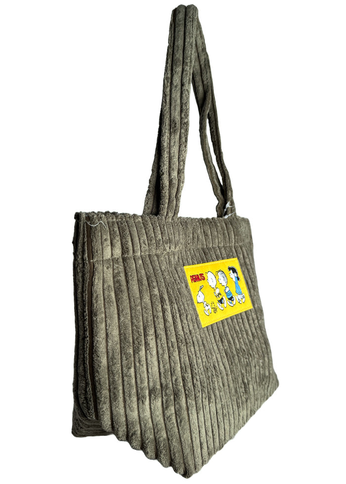 Peanuts Snoopy and the Gang Corduroy Tote in olive with Snoopy and the Gang woven patch on soft corduroy festival tote bag — side view