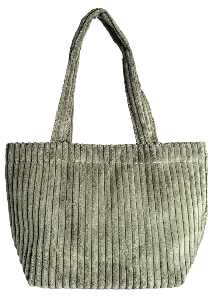 Peanuts Snoopy and the Gang Corduroy Tote in olive with Snoopy and the Gang woven patch on soft corduroy festival tote bag — back view