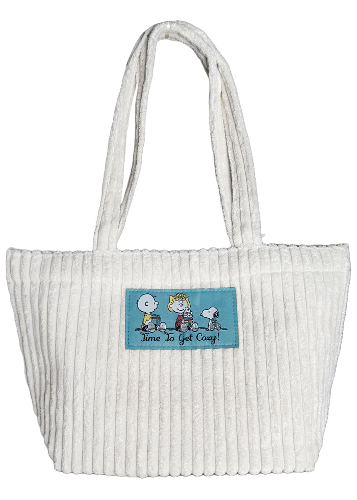 Peanuts Snoopy & Friends Corduroy Tote in offwhite with Snoopy friends woven patch on soft corduroy festival tote bag — front view