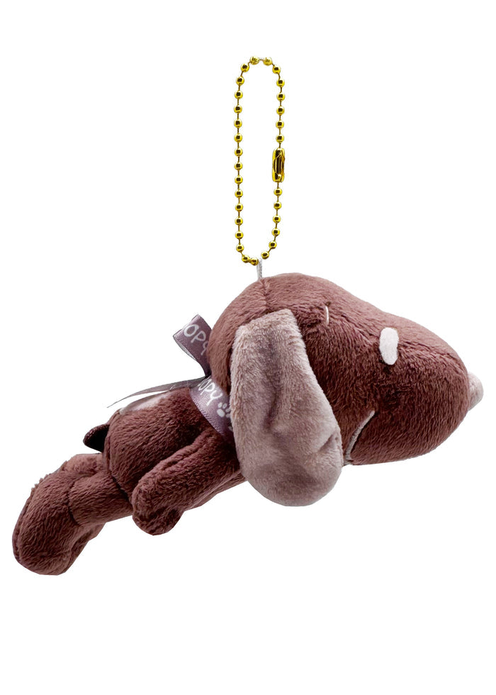 Peanuts Snoopy Holiday Cocoa Plush Mascot Keychain in chocolate with Snoopy in cocoa mug on plush ball chain festival keychain — front view
