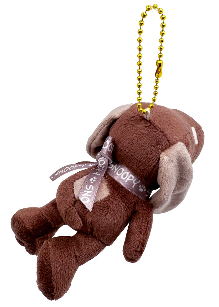 Peanuts Snoopy Holiday Cocoa Plush Mascot Keychain in chocolate with Snoopy in cocoa mug on plush ball chain festival keychain — detail view