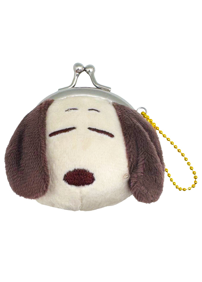 Peanuts Snoopy Relax Face Plush Coin Bag in brown with Snoopy relaxed expression embroidered on soft plush kawaii coin bag with twist clasp — front view