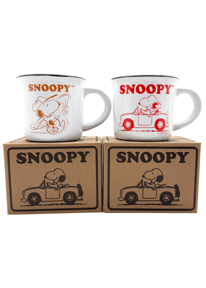 Peanuts Snoopy Road Trip Mugs 2PC Set in red orange with Snoopy road trip and baseball graphics on premium ceramic mugs — box set view