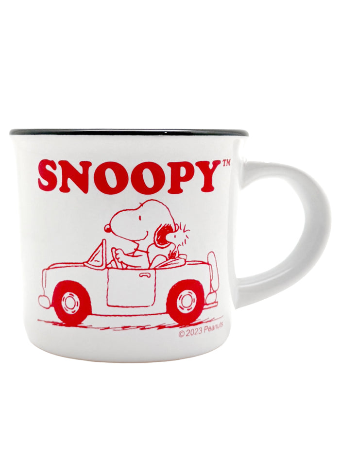 Peanuts Snoopy Road Trip Mugs 2PC Set in red orange with Snoopy road trip and baseball graphics on premium ceramic mugs — road trip mug detail