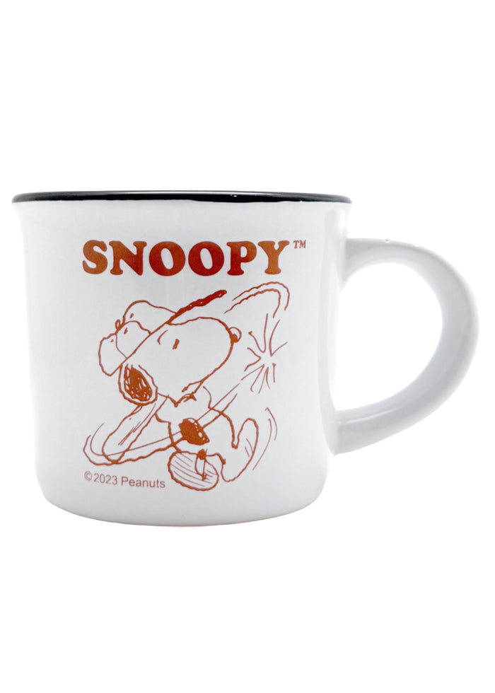 Peanuts Snoopy Road Trip Mugs 2PC Set in red orange with Snoopy road trip and baseball graphics on premium ceramic mugs — both mugs side view