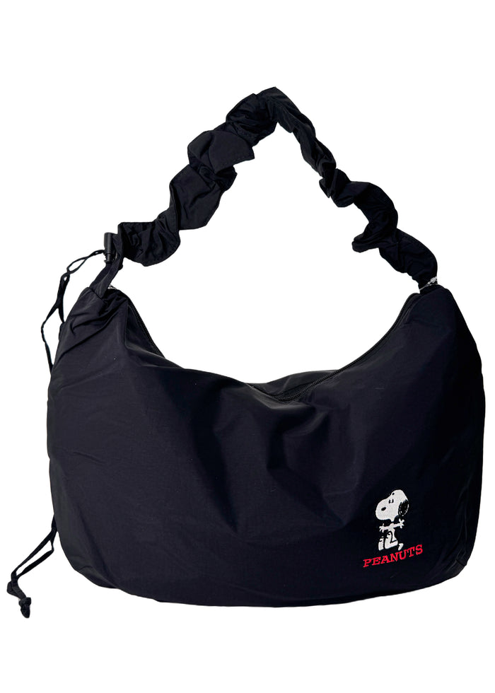 Peanuts Snoopy Say Hi Medium Nylon Black Shoulder Bag in black red with Snoopy Say Hi embroidery on water-resistant nylon shoulder crossbody bag — front view