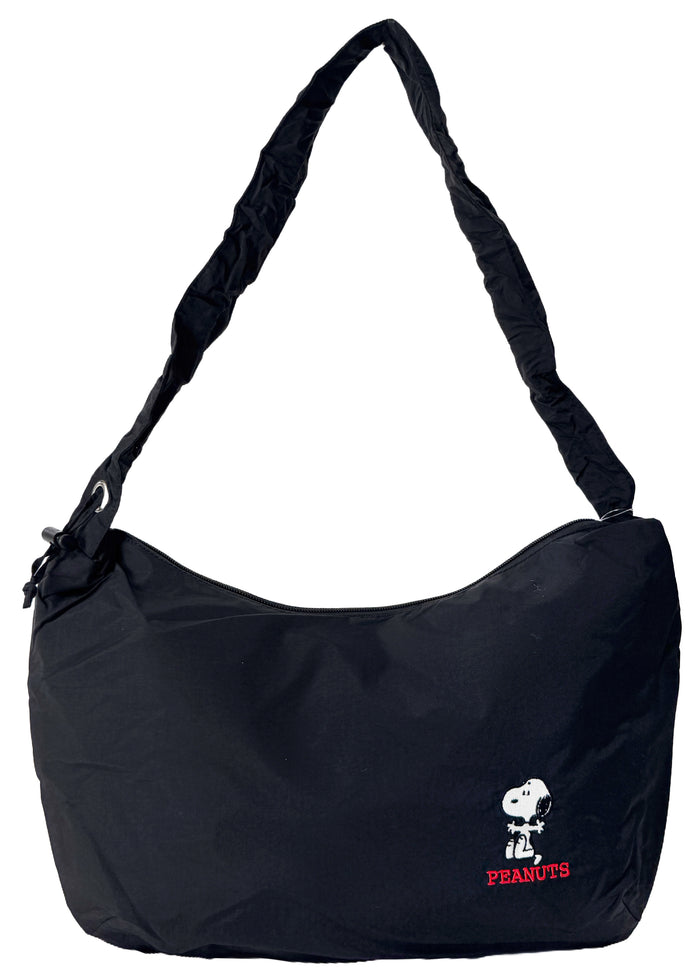 Peanuts Snoopy Say Hi Medium Nylon Black Shoulder Bag in black red with Snoopy Say Hi embroidery on water-resistant nylon shoulder crossbody bag — flat view