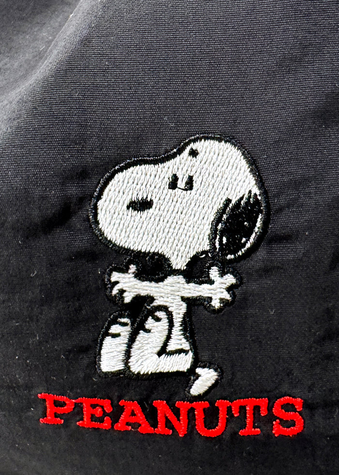 Peanuts Snoopy Say Hi Medium Nylon Black Shoulder Bag in black red with Snoopy Say Hi embroidery on water-resistant nylon shoulder crossbody bag — strap detail view