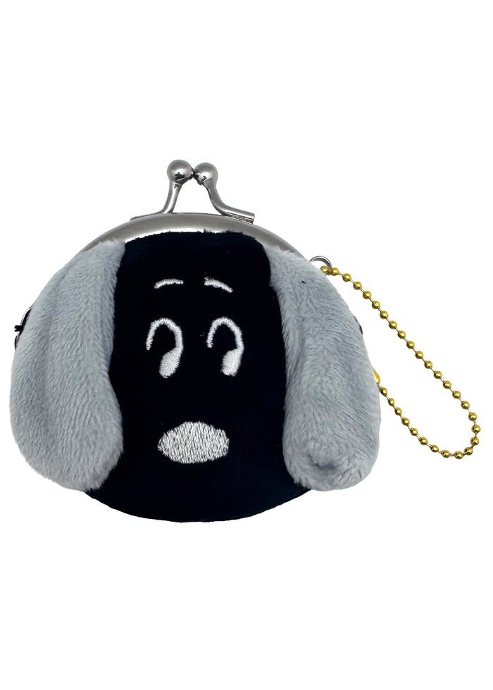 Peanuts Snoopy Surprised Face Plush Coin Bag in black grey with Snoopy surprised expression embroidered on soft plush kawaii coin bag with twist clasp — front view