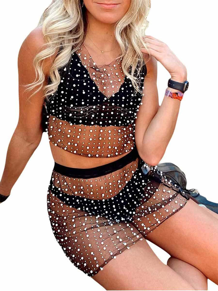 Pearl and Rhinestone Mesh Set - Cropped Top + Mini Skirt