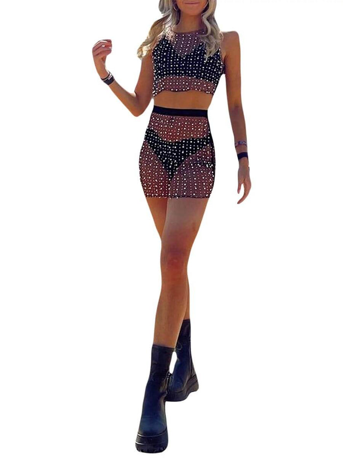 Pearl and Rhinestone Mesh Set - Cropped Top + Mini Skirt
