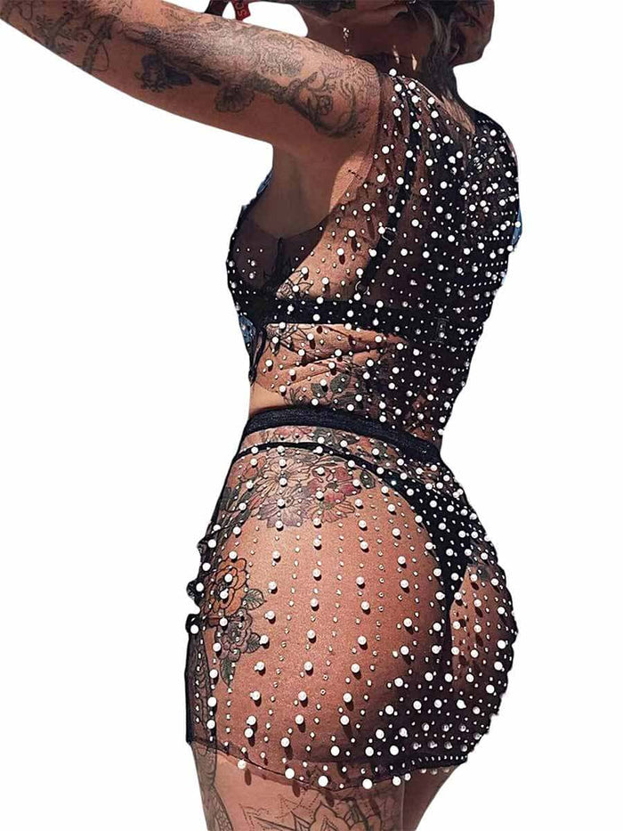 Pearl and Rhinestone Mesh Set - Cropped Top + Mini Skirt