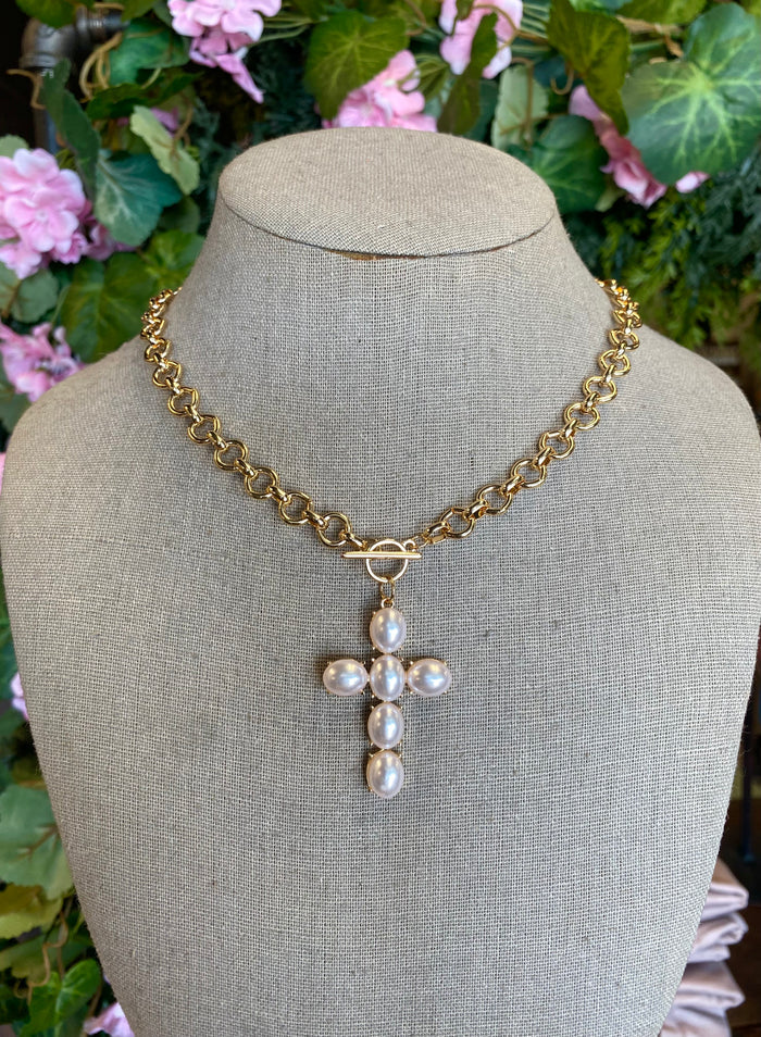 Pearl Cross Toggle Necklace