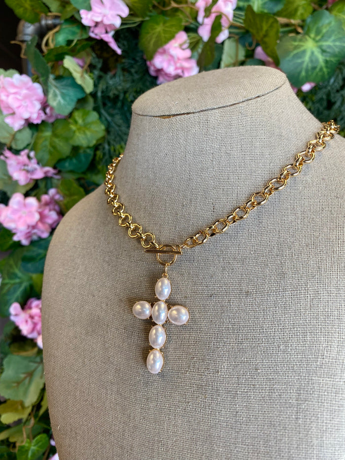 Pearl Cross Toggle Necklace