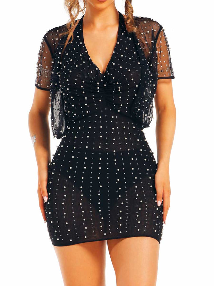 Pearl Rhinestone Black Translucent Dress and Shawl Set
