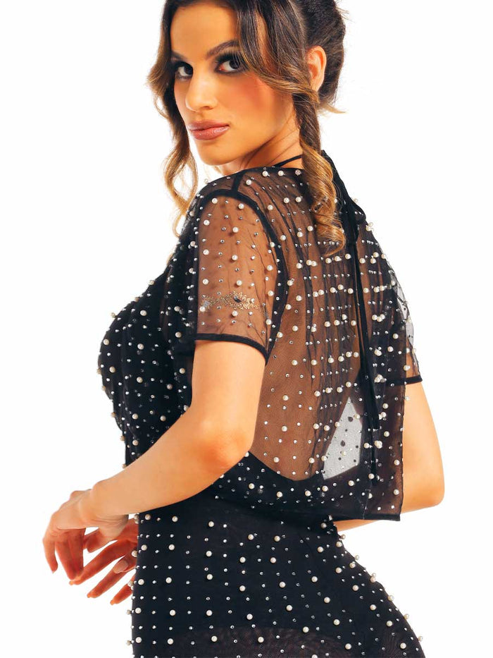 Pearl Rhinestone Black Translucent Dress and Shawl Set